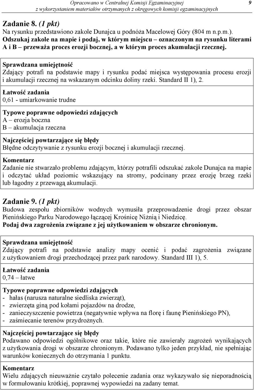 Odszukaj zakole na mapie i podaj, w którym miejscu oznaczonym na rysunku literami A i B przeważa proces erozji bocznej, a w którym proces akumulacji rzecznej.