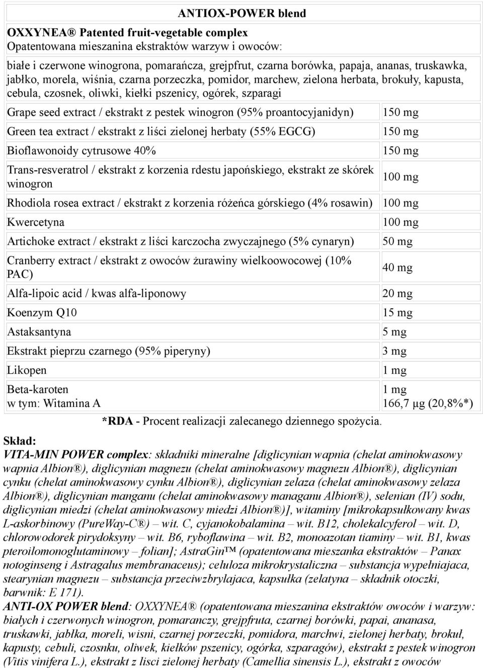 pestek winogron (95% proantocyjanidyn) Green tea extract / ekstrakt z liści zielonej herbaty (55% EGCG) Bioflawonoidy cytrusowe 40% Trans-resveratrol / ekstrakt z korzenia rdestu japońskiego,