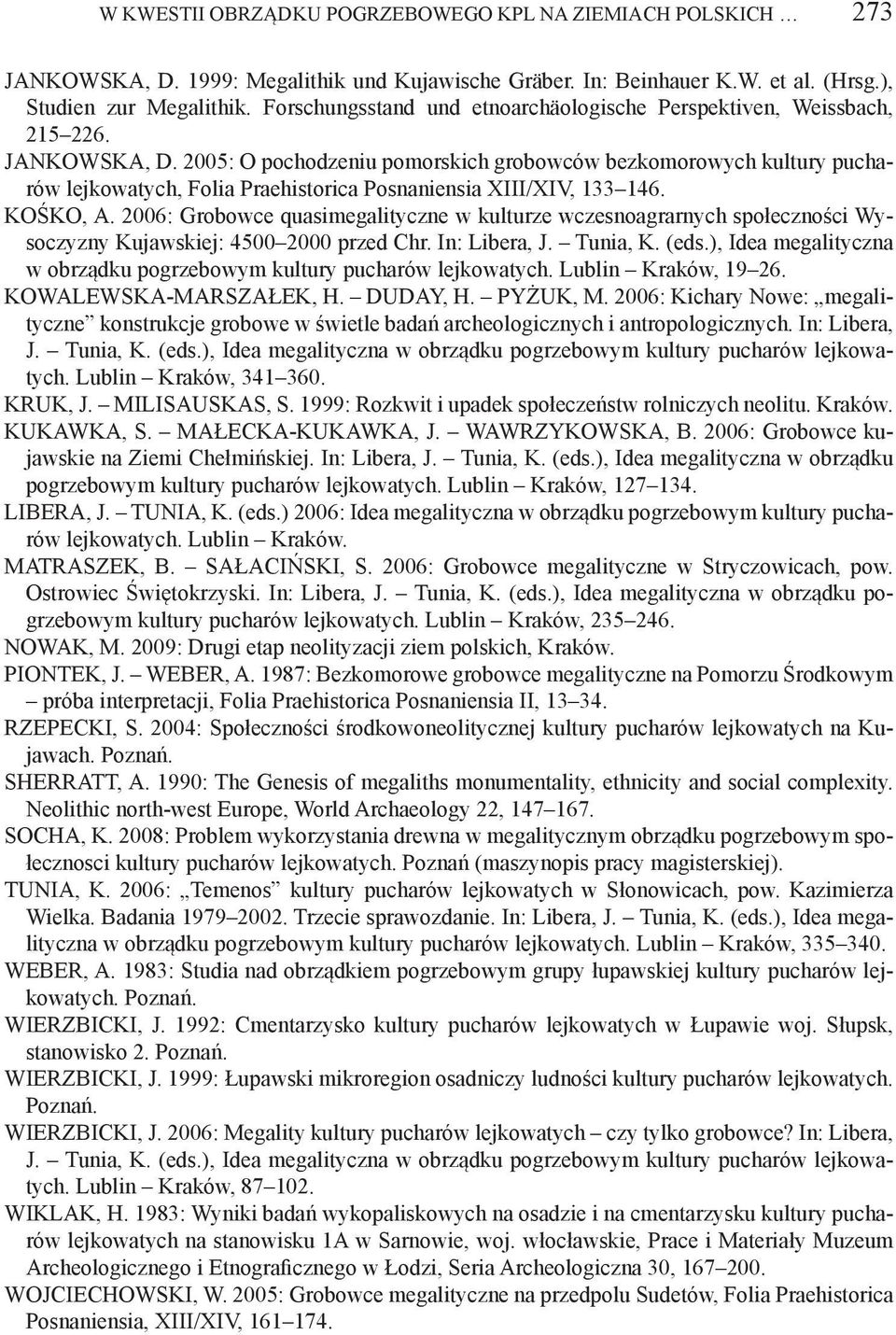 2005: O pochodzeniu pomorskich grobowców bezkomorowych kultury pucharów lejkowatych, Folia Praehistorica Posnaniensia XIII/XIV, 133 146. Kośko, A.