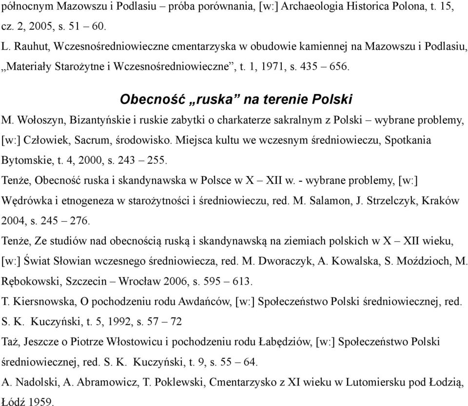 Wołoszyn, Bizantyńskie i ruskie zabytki o charkaterze sakralnym z Polski wybrane problemy, [w:] Człowiek, Sacrum, środowisko. Miejsca kultu we wczesnym średniowieczu, Spotkania Bytomskie, t.