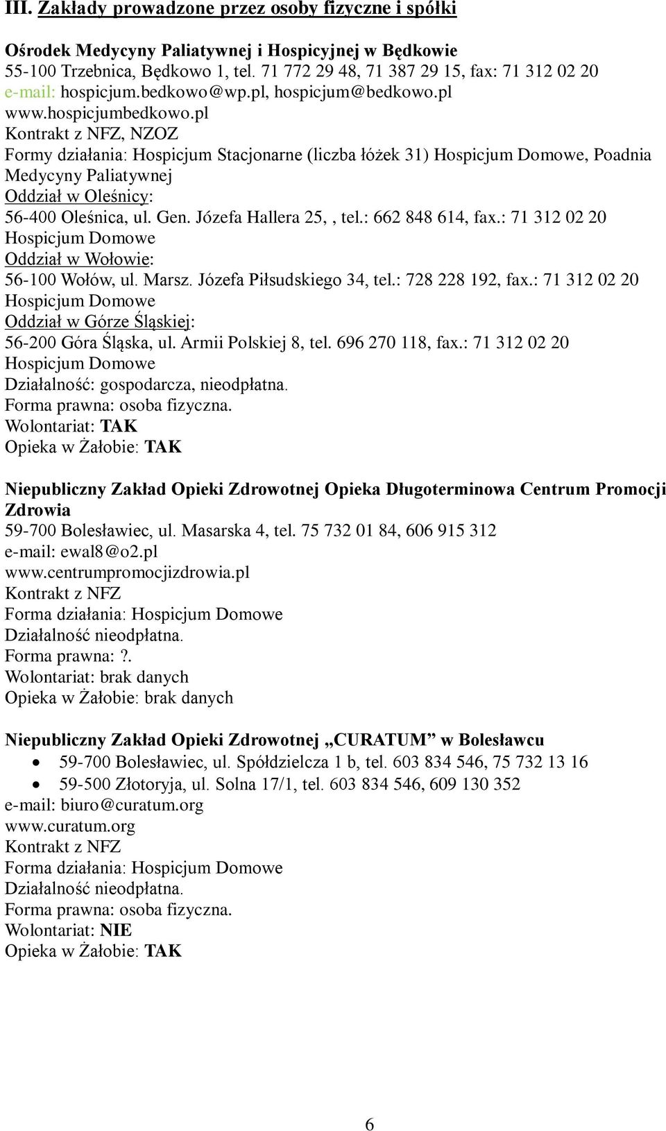 pl, NZOZ Formy działania: Hospicjum Stacjonarne (liczba łóżek 31) Hospicjum Domowe, Poadnia Medycyny Paliatywnej Oddział w Oleśnicy: 56-400 Oleśnica, ul. Gen. Józefa Hallera 25,, tel.