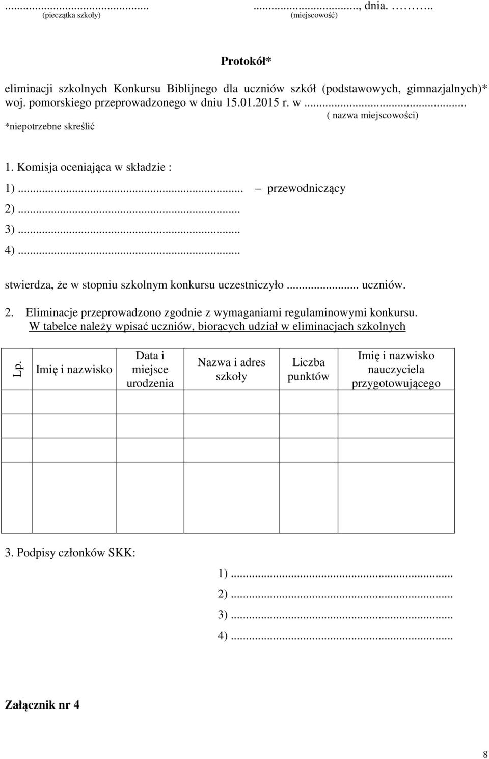 .. stwierdza, że w stopniu szkolnym konkursu uczestniczyło... uczniów. 2. Eliminacje przeprowadzono zgodnie z wymaganiami regulaminowymi konkursu.