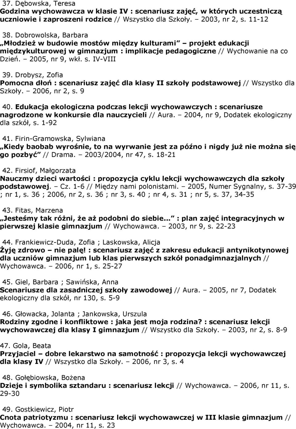 Drobysz, Zofia Pomocna dłoń : scenariusz zajęć dla klasy II szkoły podstawowej // Wszystko dla Szkoły. 2006, nr 2, s. 9 40.