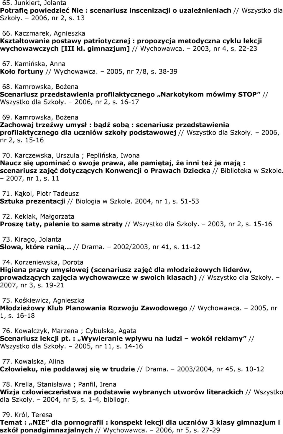 Kamińska, Anna Koło fortuny // Wychowawca. 2005, nr 7/8, s. 38-39 68. Kamrowska, BoŜena Scenariusz przedstawienia profilaktycznego Narkotykom mówimy STOP // Wszystko dla Szkoły. 2006, nr 2, s.