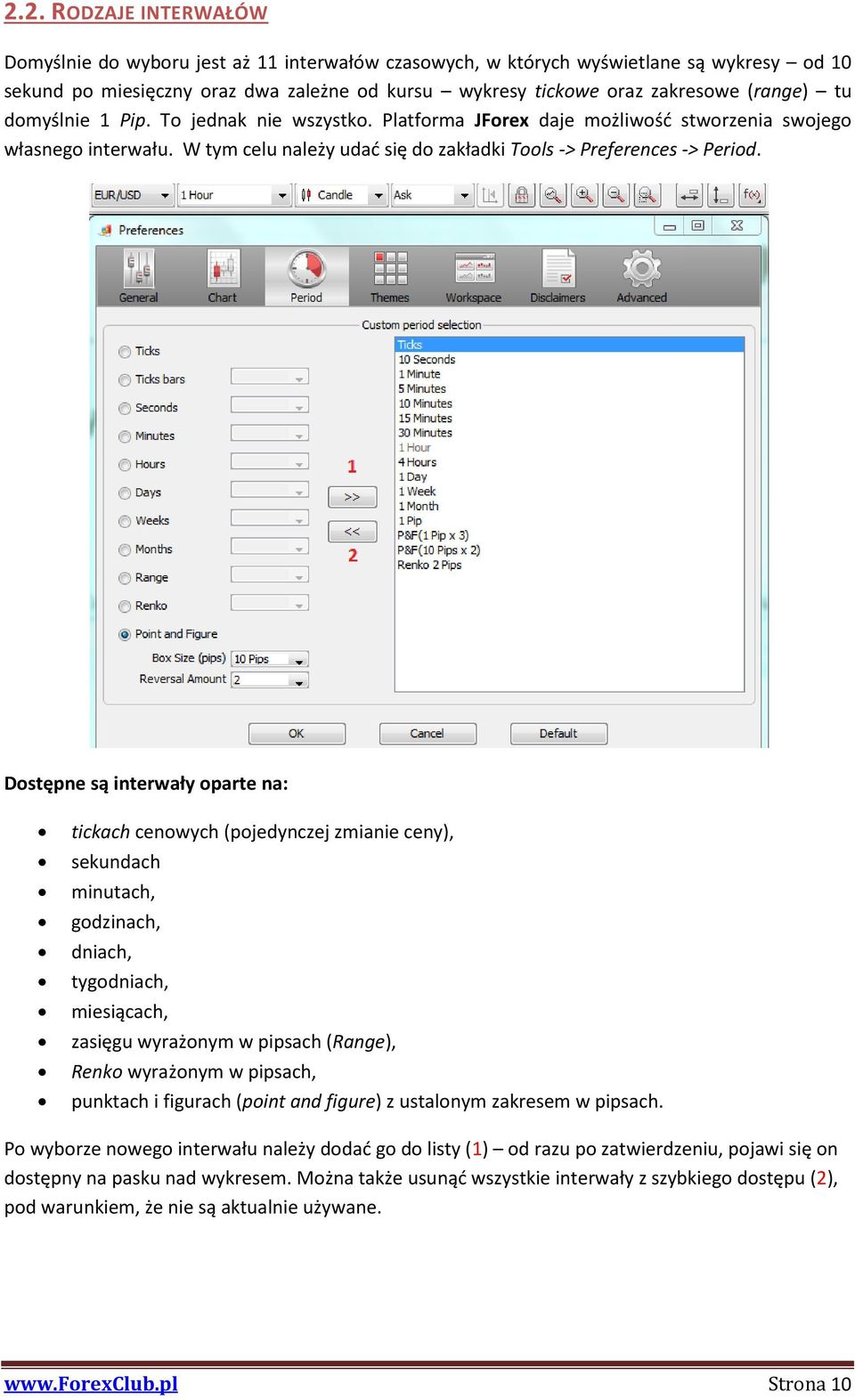 Dostępne są interwały oparte na: tickach cenowych (pojedynczej zmianie ceny), sekundach minutach, godzinach, dniach, tygodniach, miesiącach, zasięgu wyrażonym w pipsach (Range), Renko wyrażonym w