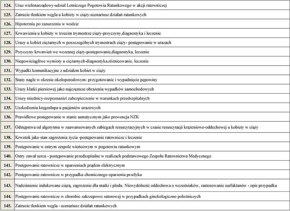 Urazy u kobiet ciężarnych w poszczególnych trymestrach ciąży- postępowanie w urazach 129. Przyczyny krwawień we wczesnej ciąży-postępowanie,diagnostyka, leczenie 130.