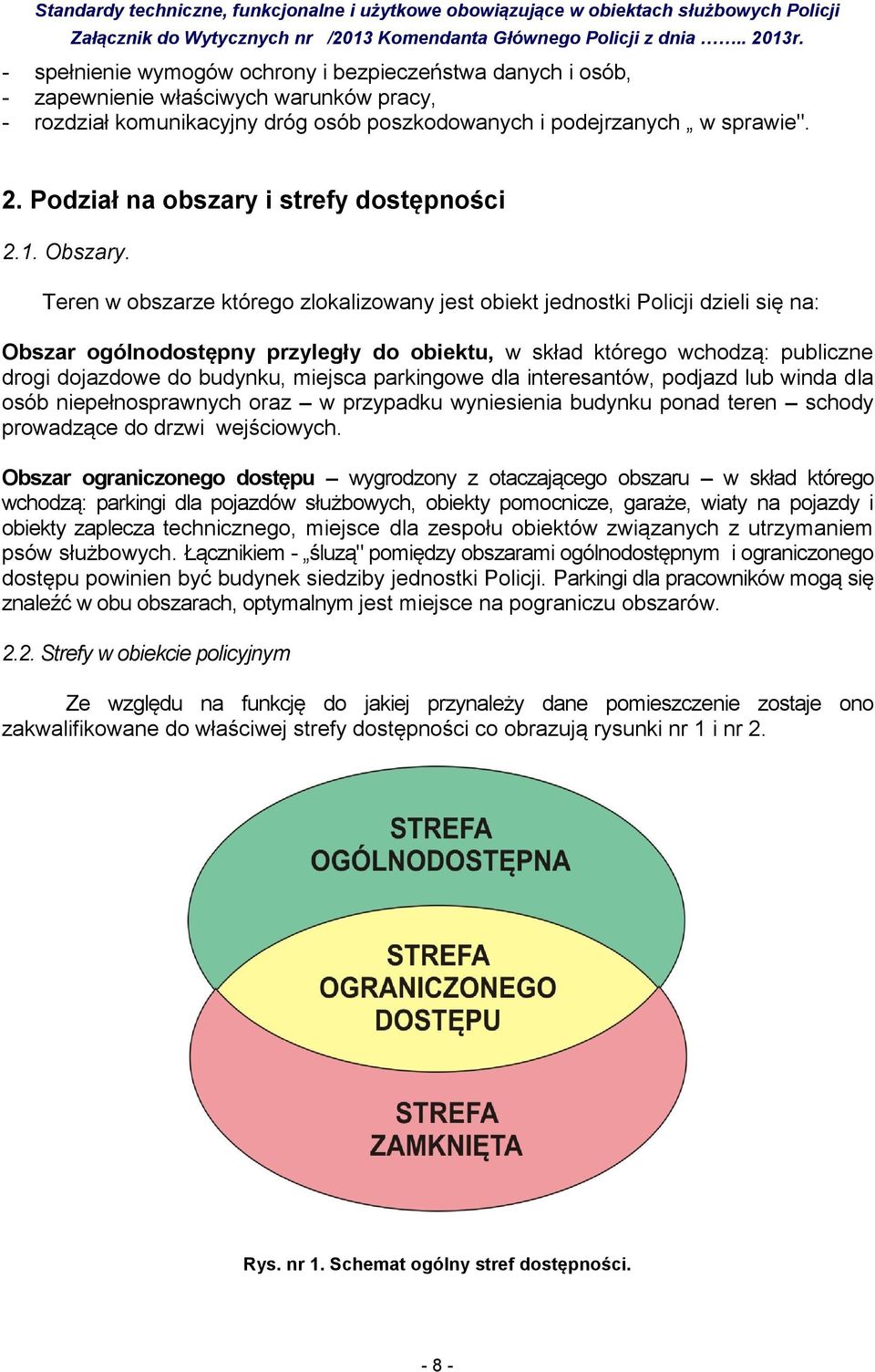 Teren w obszarze którego zlokalizowany jest obiekt jednostki Policji dzieli się na: Obszar ogólnodostępny przyległy do obiektu, w skład którego wchodzą: publiczne drogi dojazdowe do budynku, miejsca