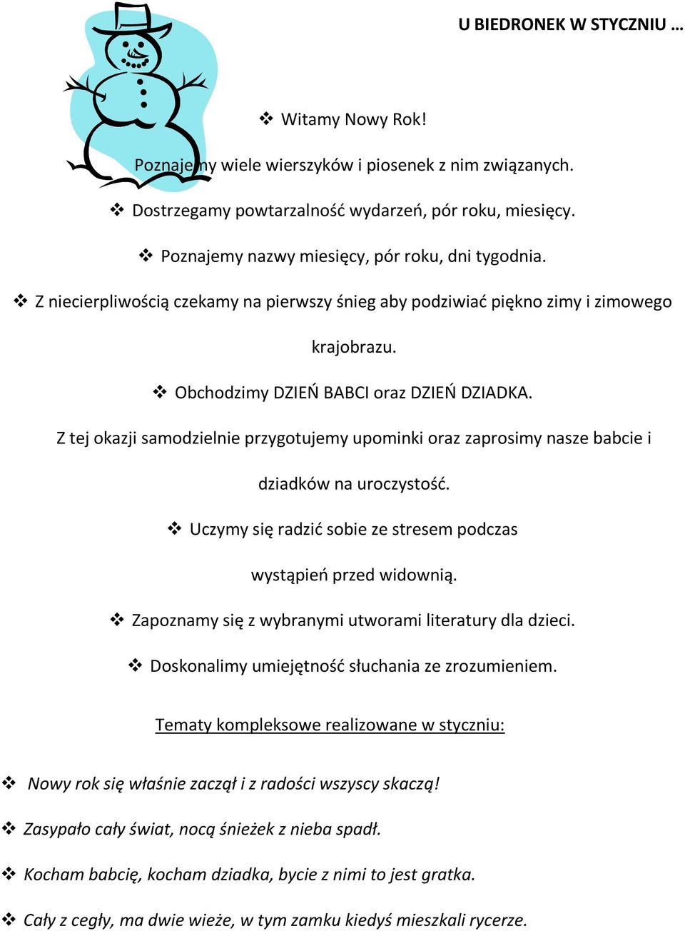 Z tej okazji samodzielnie przygotujemy upominki oraz zaprosimy nasze babcie i dziadków na uroczystość. Uczymy się radzić sobie ze stresem podczas wystąpień przed widownią.