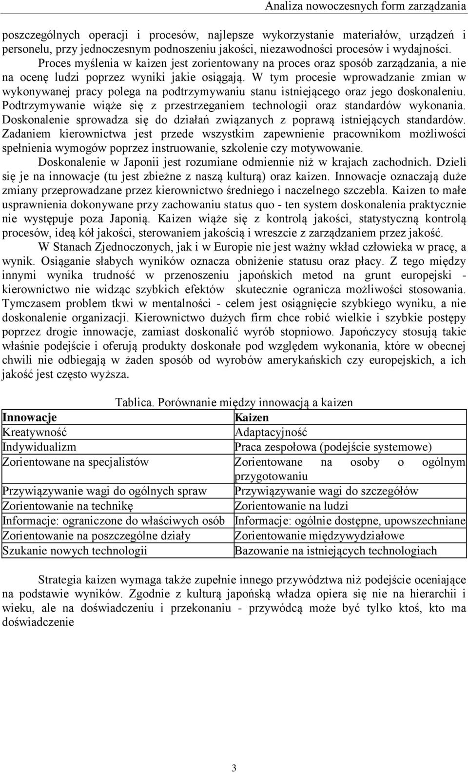 W tym procesie wprowadzanie zmian w wykonywanej pracy polega na podtrzymywaniu stanu istniejącego oraz jego doskonaleniu.