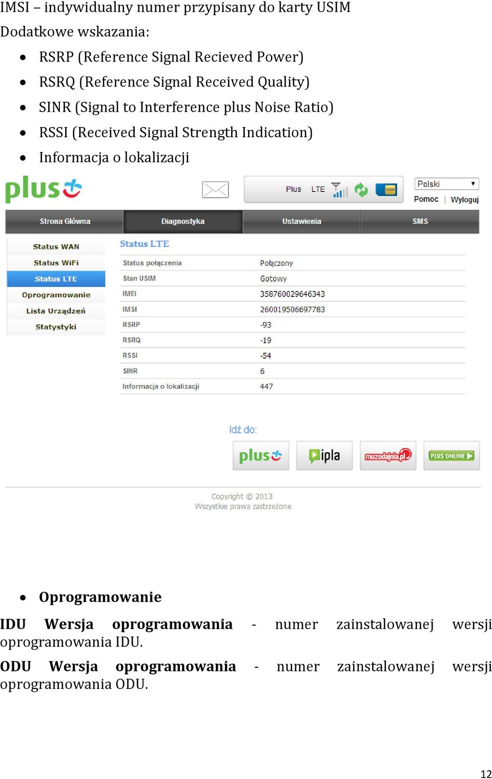 Signal Strength Indication) Informacja o lokalizacji Oprogramowanie IDU Wersja oprogramowania - numer