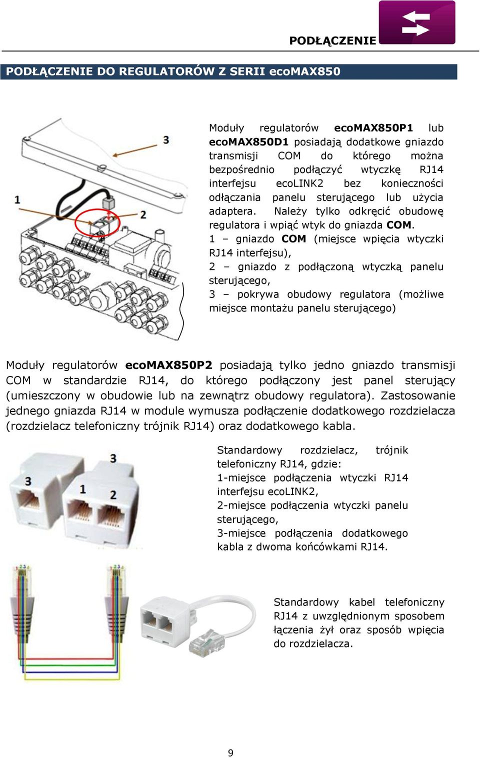 1 gniazdo COM (miejsce wpięcia wtyczki RJ14 interfejsu), 2 gniazdo z podłączoną wtyczką panelu sterującego, 3 pokrywa obudowy regulatora (możliwe miejsce montażu panelu sterującego) Moduły