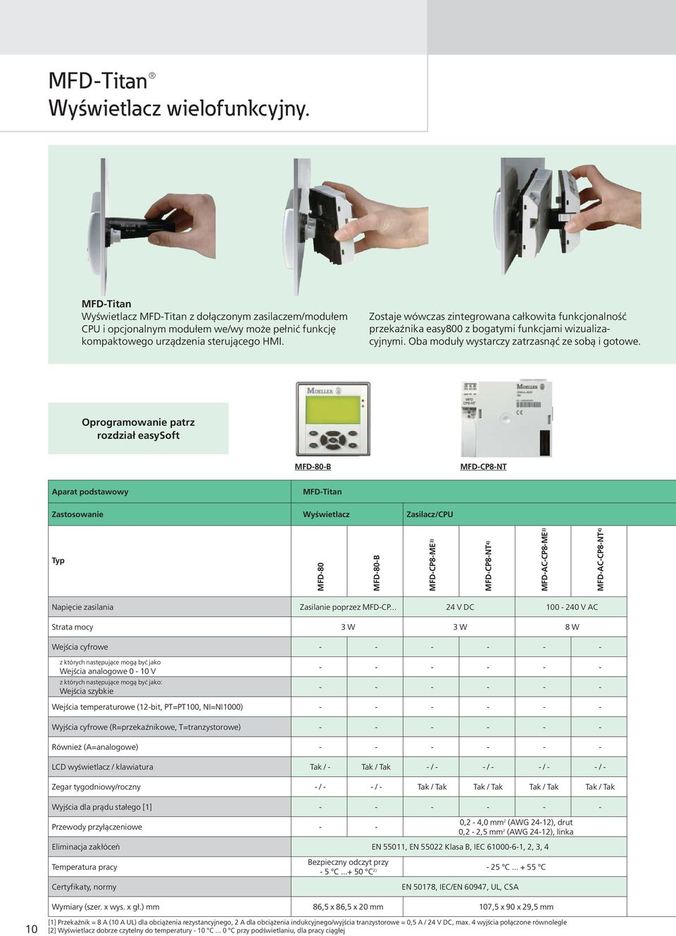 Oprogramowanie patrz rozdział easysoft MFD-80-B MFD-CP8-NT Aparat podstawowy MFD-Titan Zastosowanie Wyświetlacz Zasilacz/CPU Typ MFD-80 MFD-80-B MFD-CP8-ME 3) MFD-CP8-NT 4) MFD-AC-CP8-ME 3)