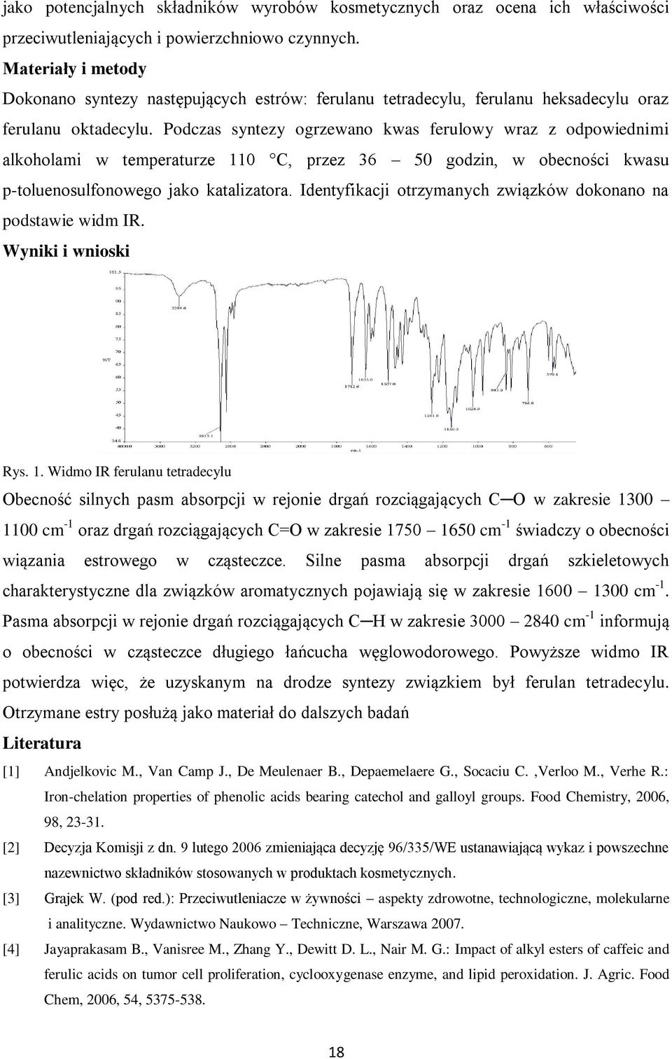 Podczas syntezy ogrzewano kwas ferulowy wraz z odpowiednimi alkoholami w temperaturze 110 C, przez 36 50 godzin, w obecności kwasu p-toluenosulfonowego jako katalizatora.