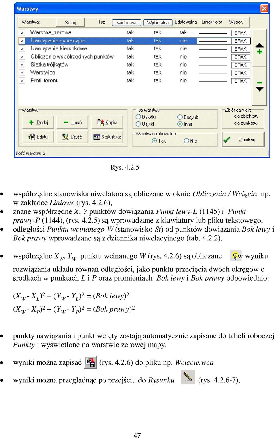 .), współrzędne X W, Y W punktu wcinanego W (rys. 4.