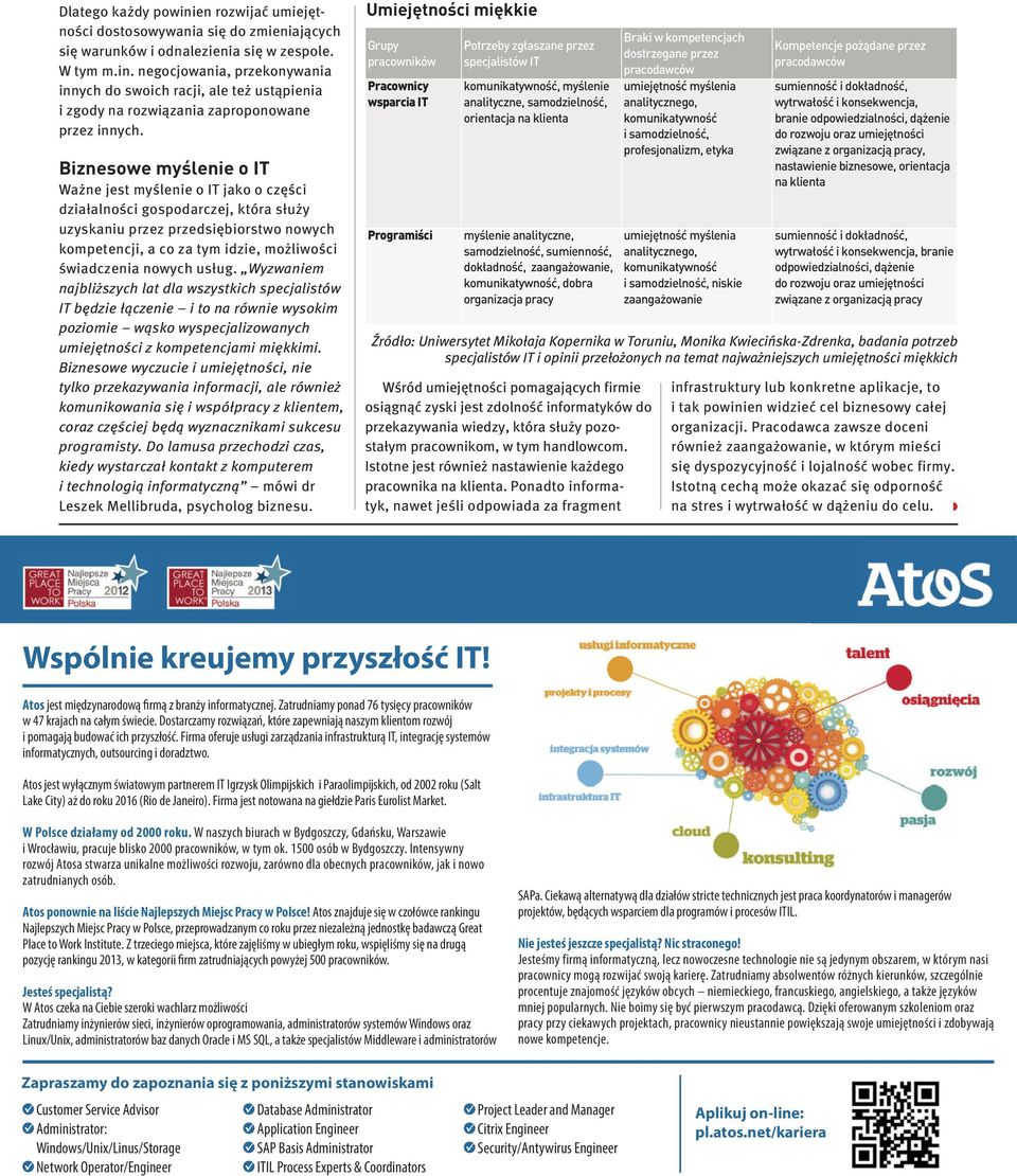 nowych usług. Wyzwaniem najbliższych lat dla wszystkich specjalistów IT będzie łączenie i to na równie wysokim poziomie wąsko wyspecjalizowanych umiejętności z kompetencjami miękkimi.