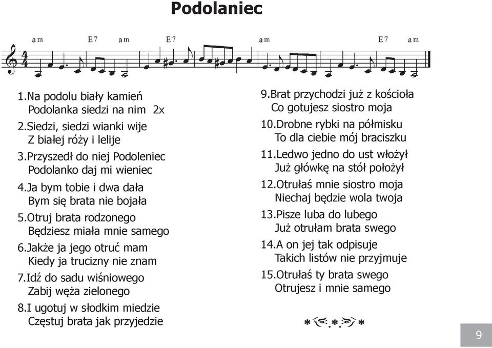 Idź do sadu wiśniowego Zabij węża zielonego 8.I ugotuj w słodkim miedzie Częstuj brata jak przyjedzie 9.Brat przychodzi już z kościoła Co gotujesz siostro moja 10.