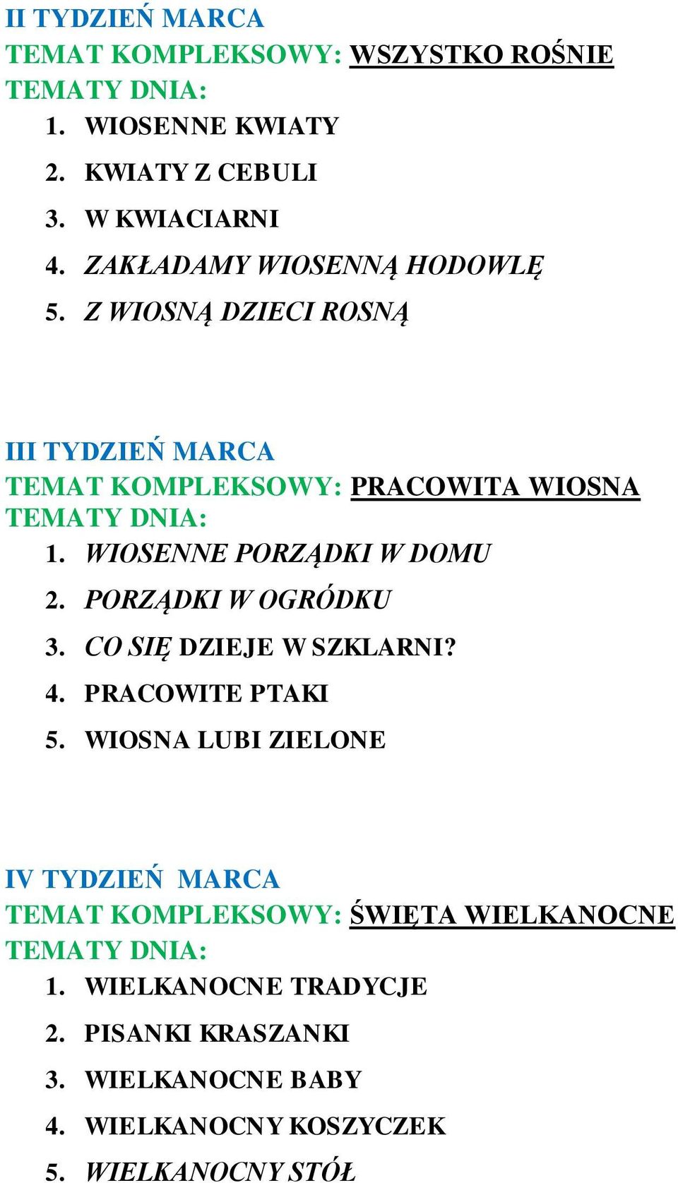 WIOSENNE PORZĄDKI W DOMU 2. PORZĄDKI W OGRÓDKU 3. CO SIĘ DZIEJE W SZKLARNI? 4. PRACOWITE PTAKI 5.