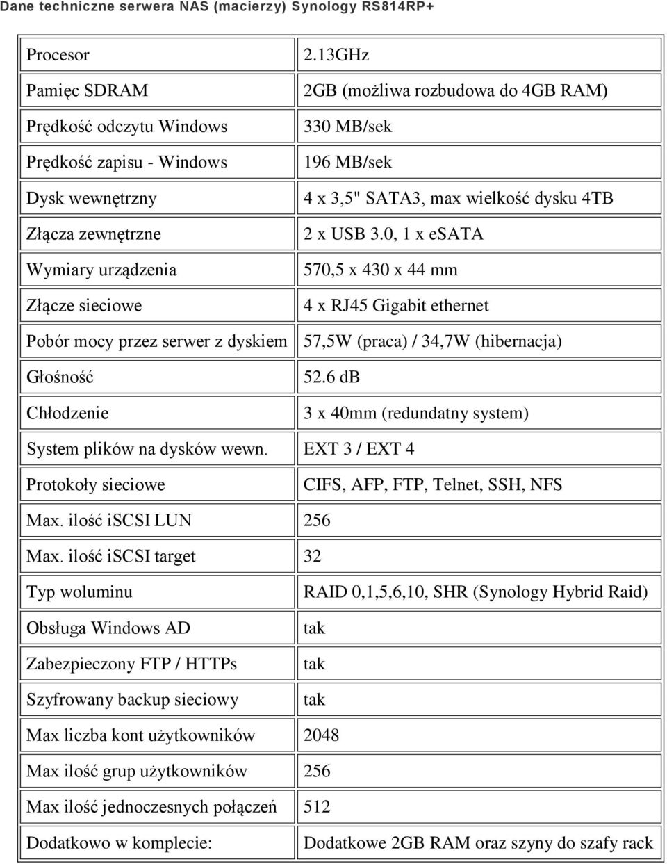 0, 1 x esata 570,5 x 430 x 44 mm 4 x RJ45 Gigabit ethernet Pobór mocy przez serwer z dyskiem 57,5W (praca) / 34,7W (hibernacja) Głośność Chłodzenie 52.