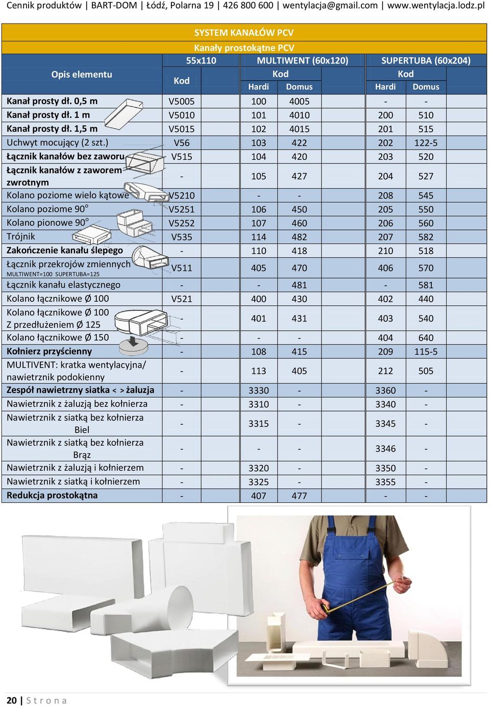 ) V56 103 422 202 122-5 Łącznik kanałów bez zaworu V515 104 420 203 520 Łącznik kanałów z zaworem zwrotnym - 105 427 204 527 Kolano poziome wielo kątowe V5210 - - 208 545 Kolano poziome 90 o V5251