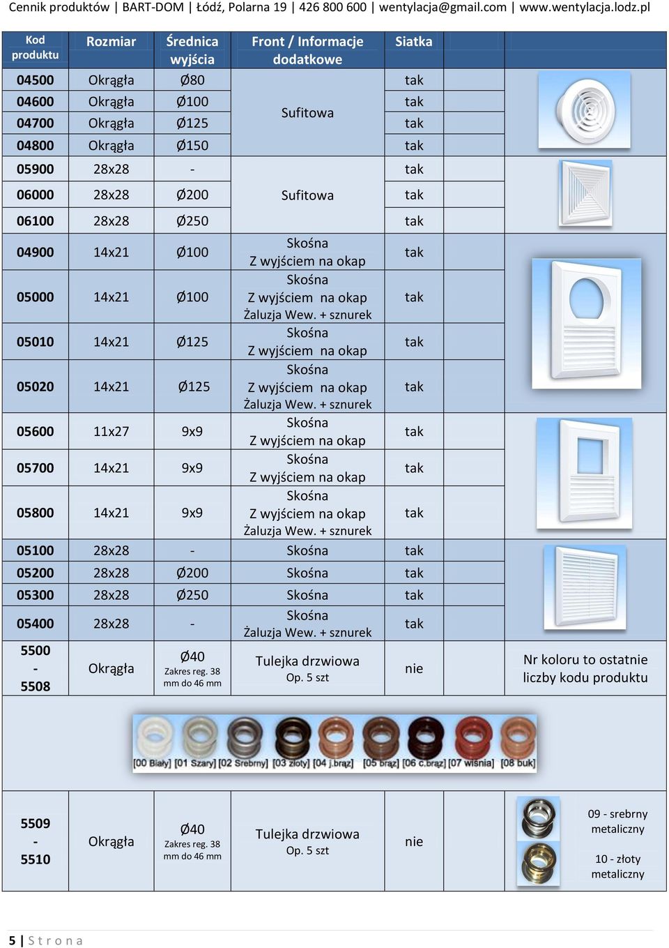 + sznurek 05010 14x21 Ø125 Skośna Z wyjściem na okap 05020 14x21 Ø125 Skośna Z wyjściem na okap Żaluzja Wew.