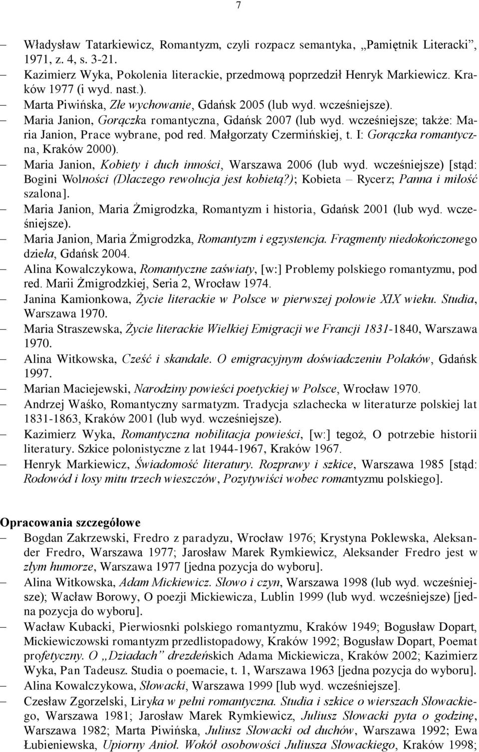 wcześniejsze; także: Maria Janion, Prace wybrane, pod red. Małgorzaty Czermińskiej, t. I: Gorączka romantyczna, Kraków 2000). Maria Janion, Kobiety i duch inności, Warszawa 2006 (lub wyd.