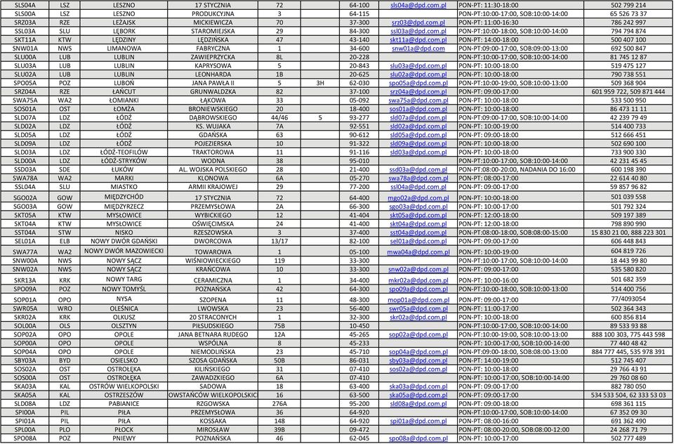 pl PON PT: 11:00 16:30 786 242 997 SSL03A SLU LĘBORK STAROMIEJSKA 29 84 300 ssl03a@dpd.com.pl PON PT:10:00 18:00, SOB:10:00 14:00 794 794 874 SKT11A KTW LĘDZINY LĘDZIŃSKA 47 43 140 skt11a@dpd.com.pl PON PT: 14:00 18:00 500 407 100 SNW01A NWS LIMANOWA FABRYCZNA 1 34 600 snw01a@dpd.
