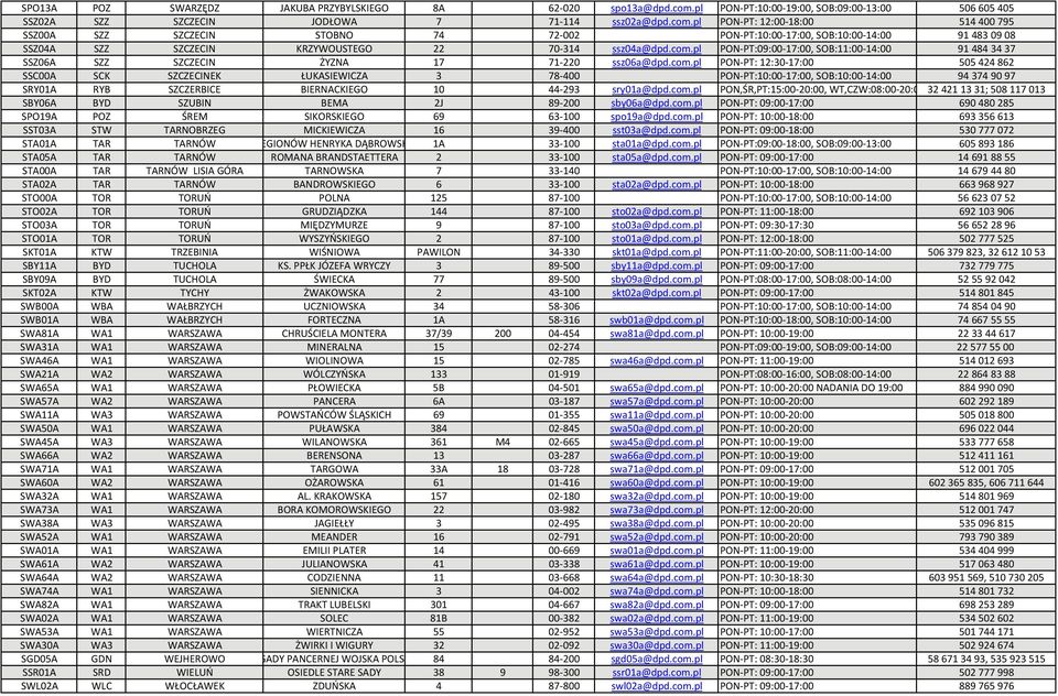 pl PON PT: 12:00 18:00 514 400 795 SSZ00A SZZ SZCZECIN STOBNO 74 72 002 PON PT:10:00 17:00, SOB:10:00 14:00 91 483 09 08 SSZ04A SZZ SZCZECIN KRZYWOUSTEGO 22 70 314 ssz04a@dpd.com.