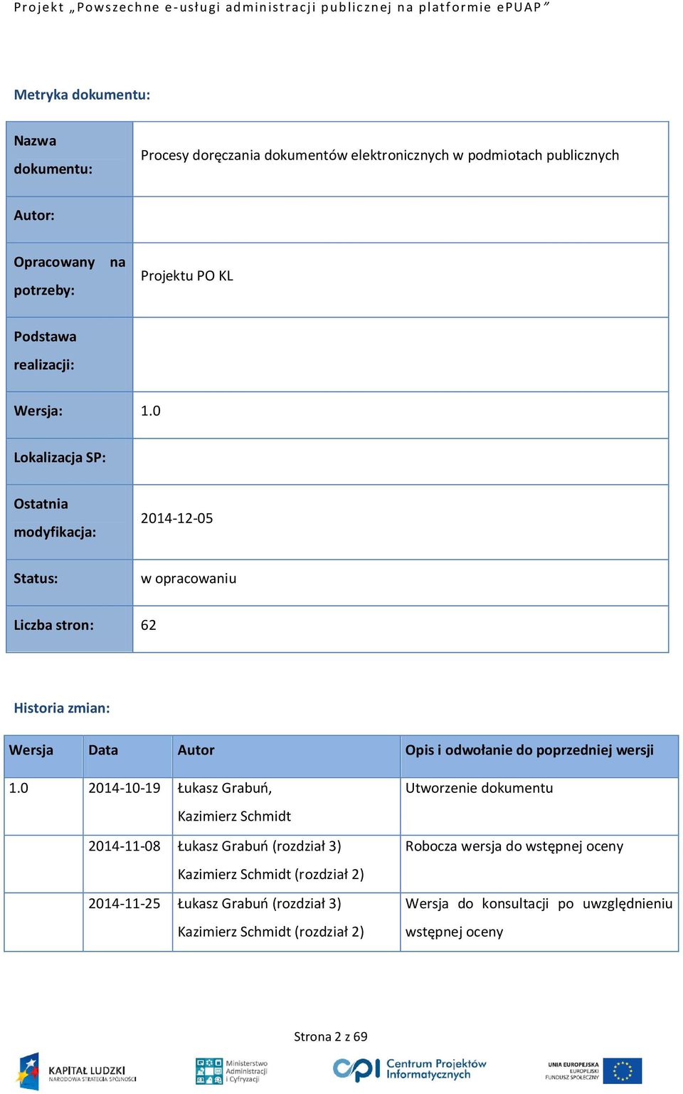 0 Lokalizacja SP: Ostatnia modyfikacja: 2014-12-05 Status: w opracowaniu Liczba stron: 62 Historia zmian: Wersja Data Autor Opis i odwołanie do poprzedniej wersji