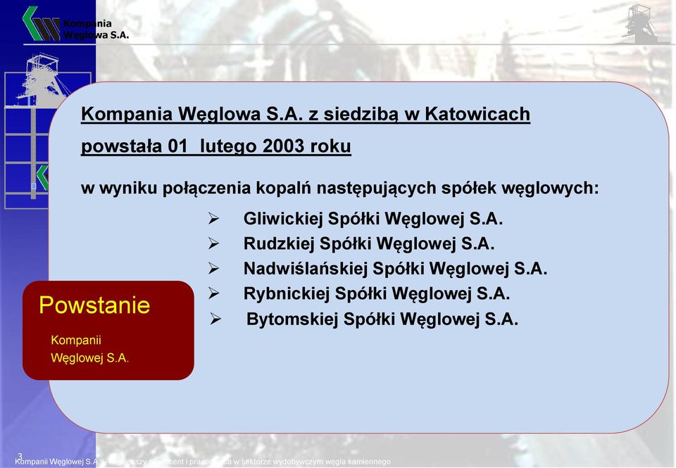 z siedzibą w Katowicach powstała 01 lutego 2003 roku w wyniku połączenia kopalń następujących spółek węglowych: