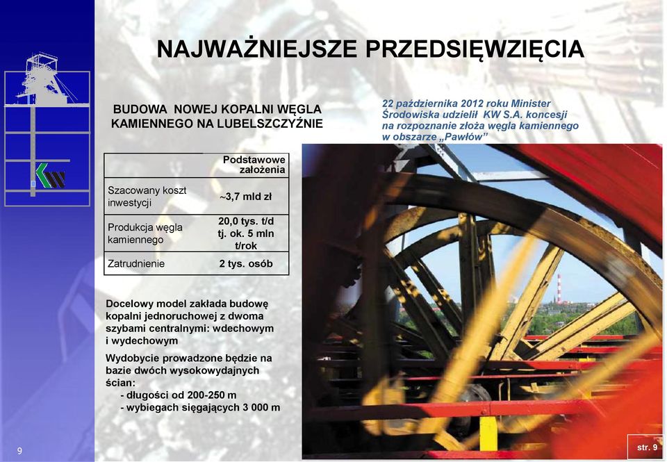 koncesji na rozpoznanie złoża węgla kamiennego w obszarze Pawłów Szacowany koszt inwestycji Produkcja węgla kamiennego Zatrudnienie 3,7 mld zł 20,0