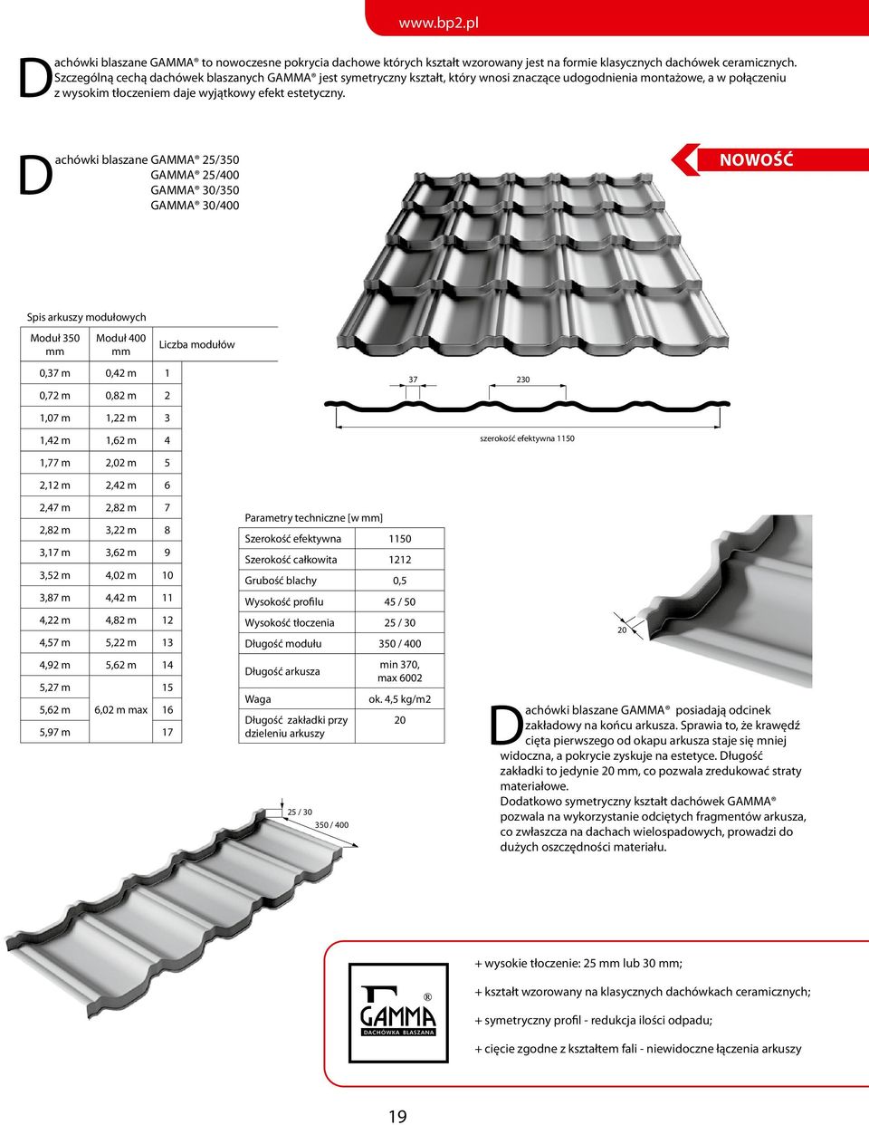 Dachówki blaszane GAMMA 25/350 GAMMA 25/400 GAMMA 30/350 GAMMA 30/400 NoWOŚĆ Spis arkuszy modułowych Moduł 350 mm Moduł 400 mm 0,37 m 0,42 m 1 0,72 m 0,82 m 2 Liczba modułów 37 230 1,07 m 1,22 m 3