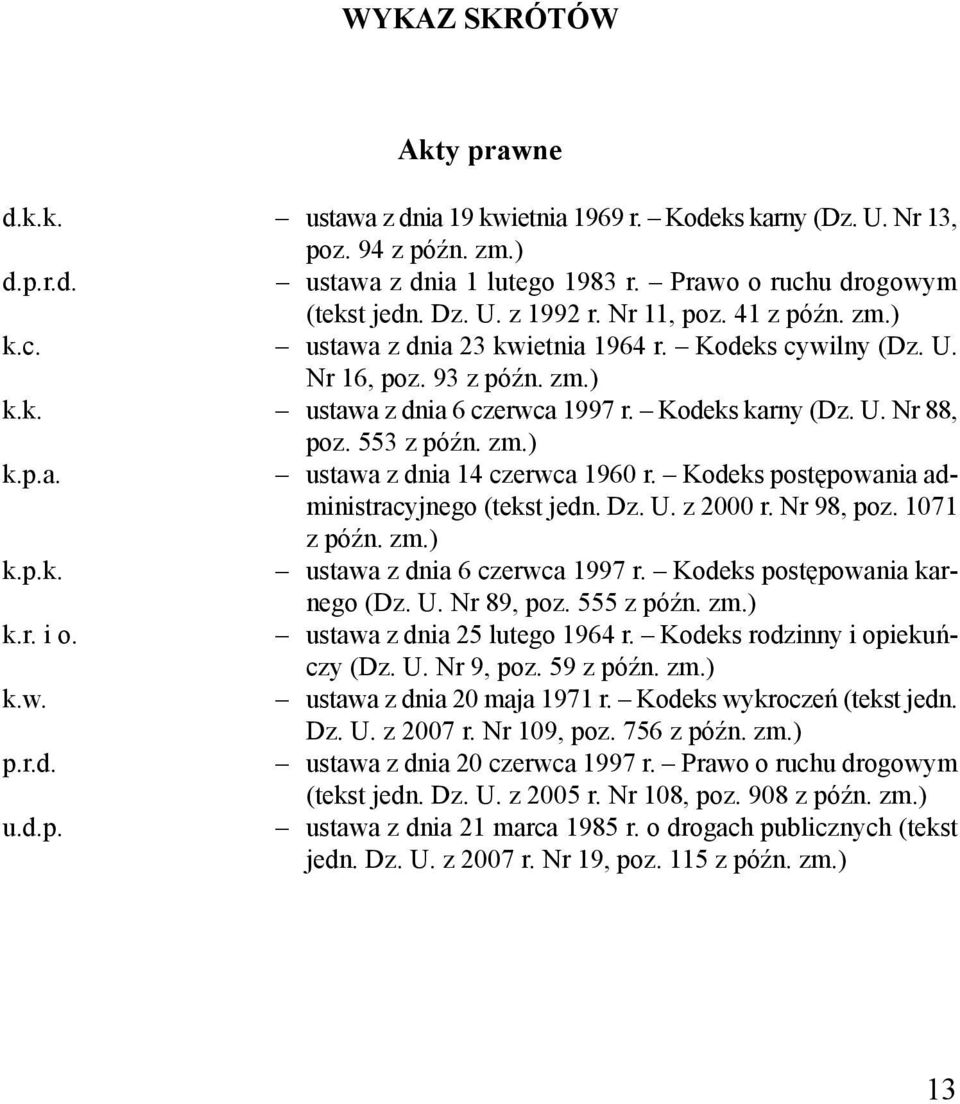 zm.) k.p.a. ustawa z dnia 14 czerwca 1960 r. Kodeks postępowania administracyjnego (tekst jedn. Dz. U. z 2000 r. Nr 98, poz. 1071 z późn. zm.) k.p.k. ustawa z dnia 6 czerwca 1997 r.