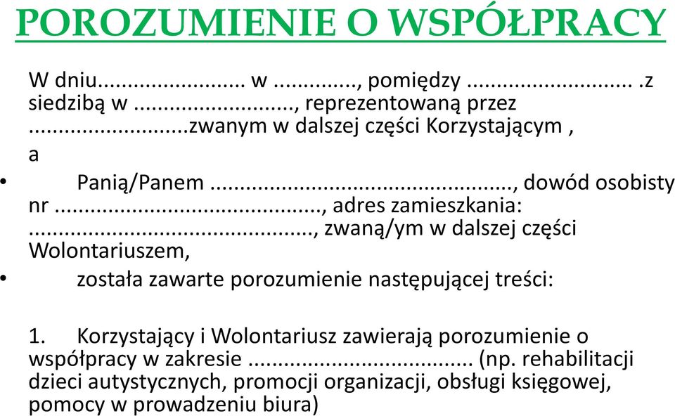 .., zwaną/ym w dalszej części Wolontariuszem, została zawarte porozumienie następującej treści: 1.