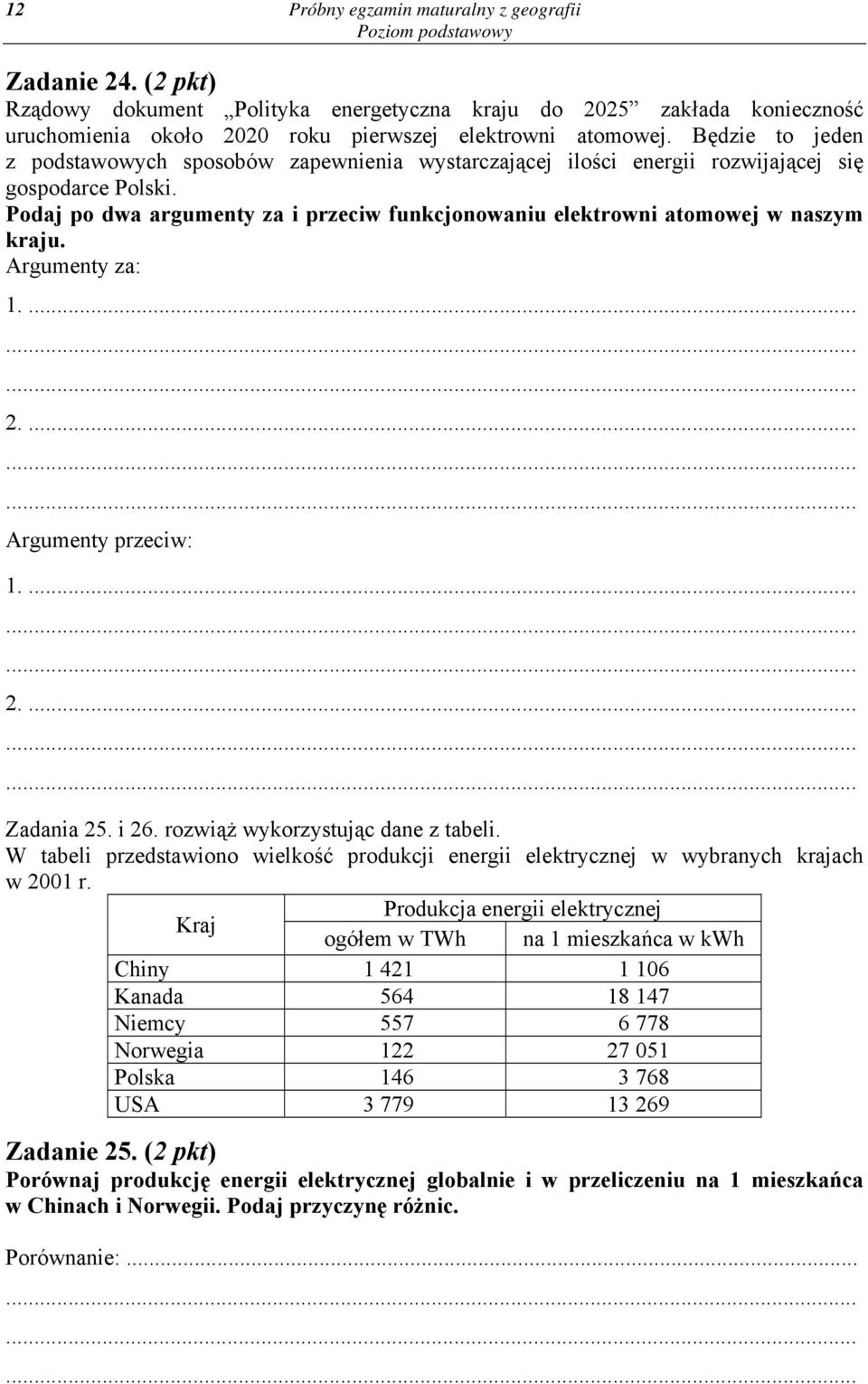 Podaj po dwa argumenty za i przeciw funkcjonowaniu elektrowni atomowej w naszym kraju. Argumenty za: 1.... 2.... Argumenty przeciw: 1.... 2.... Zadania 25. i 26. rozwiąż wykorzystując dane z tabeli.