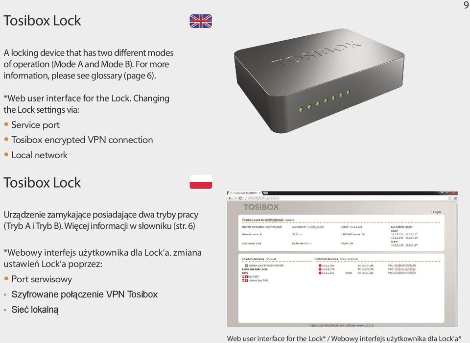 Changing the Lock settings via: Service port Tosibox encrypted VPN connection Local network Tosibox Lock Urządzenie zamykające posiadające dwa tryby