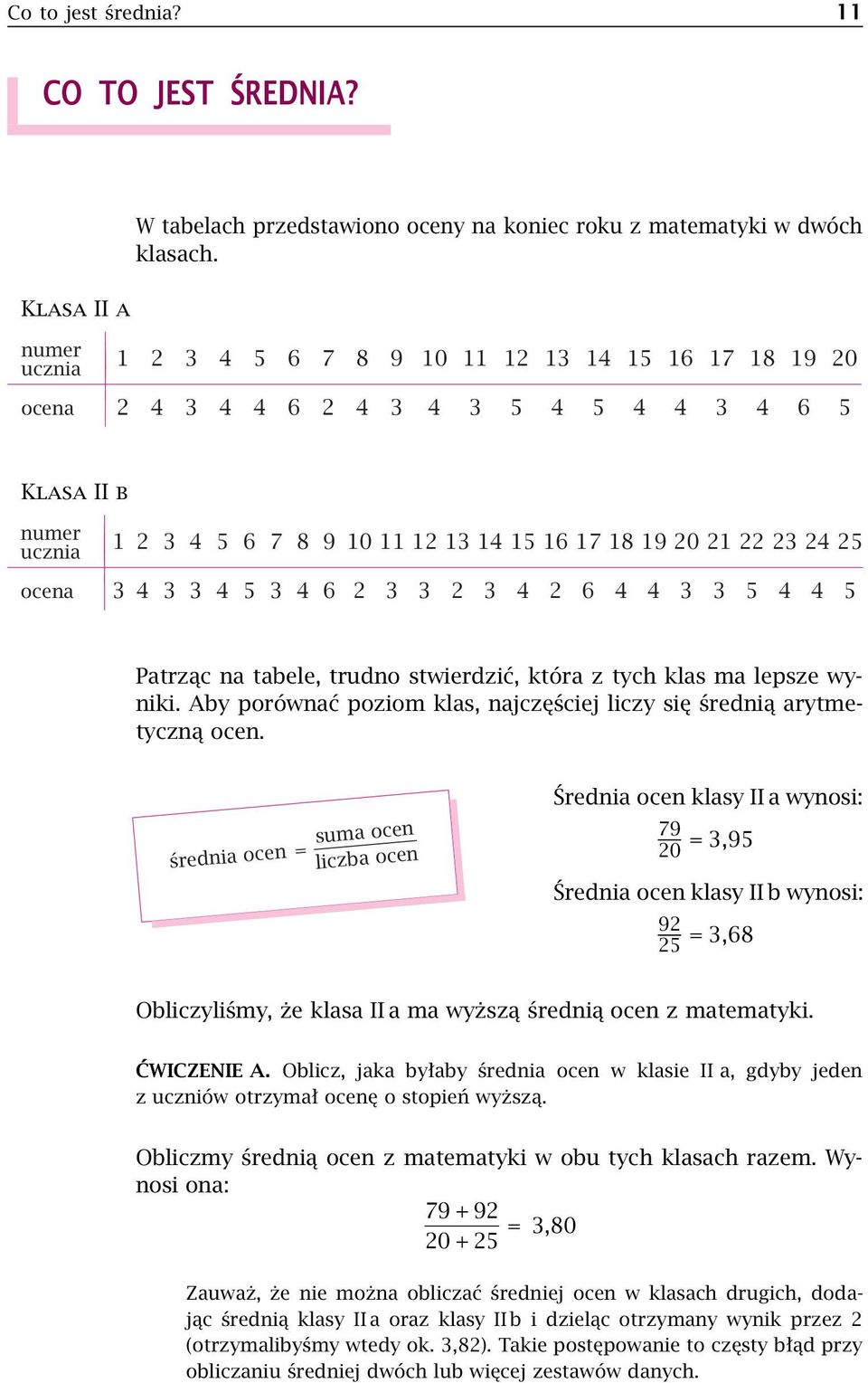 ocena 3 4 3 3 4 5 3 4 6 2 3 3 2 3 4 2 6 4 4 3 3 5 4 4 5 Patrząc na tabele, trudno stwierdzić, która z tych klas ma lepsze wyniki.