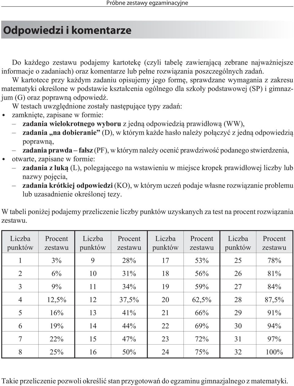 W kartotece przy ka dym zadaniu opisujemy jego formê, sprawdzane wymagania z zakresu matematyki okreœlone w podstawie kszta³cenia ogólnego dla szko³y podstawowej (SP) i gimnazjum (G) oraz poprawn¹