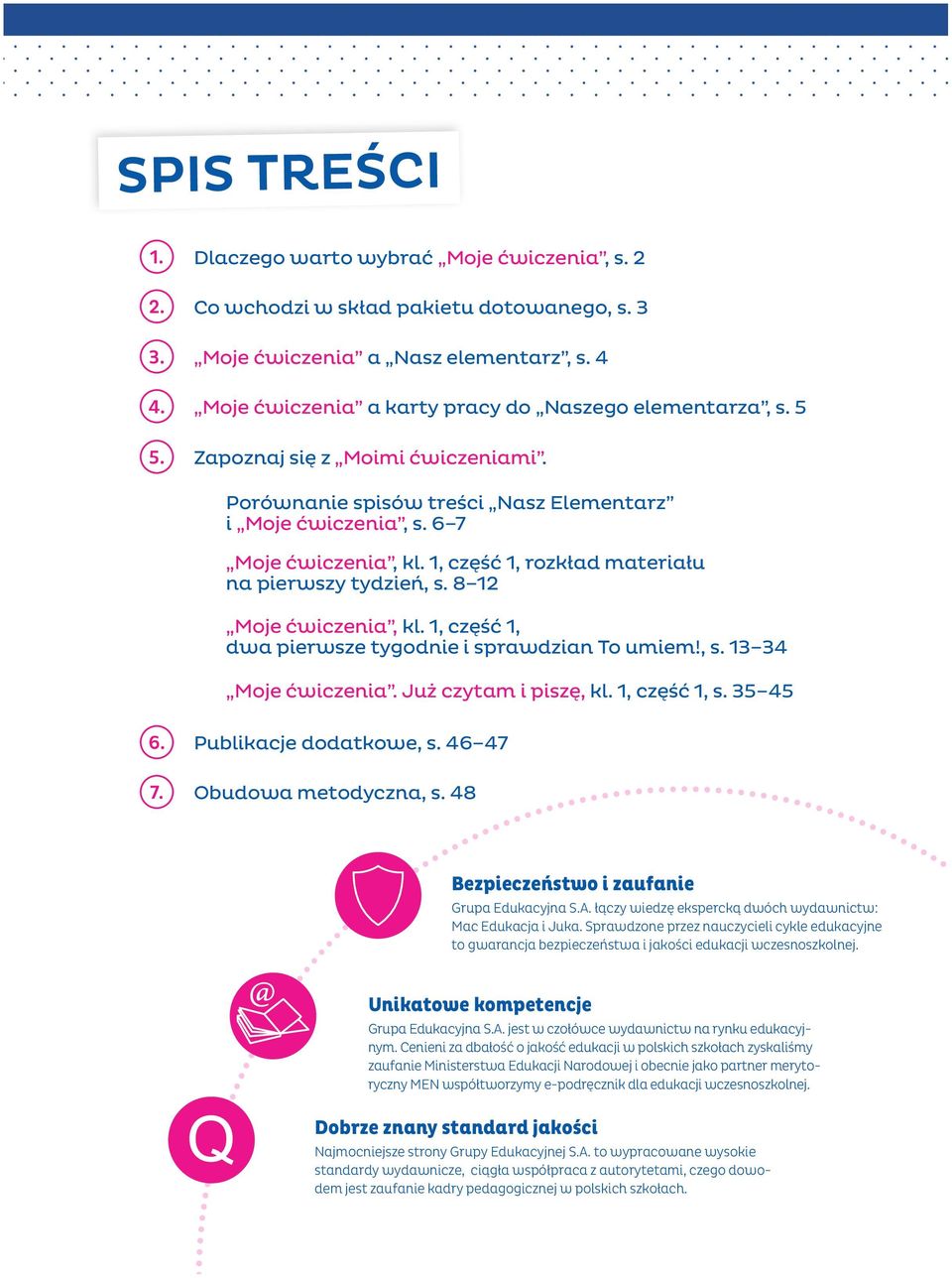 1, część 1, rozkład materiału na pierwszy tydzień, s. 8 12 Moje ćwiczenia, kl. 1, część 1, dwa pierwsze tygodnie i sprawdzian To umiem!, s. 13 34 Moje ćwiczenia. Już czytam i piszę, kl. 1, część 1, s.