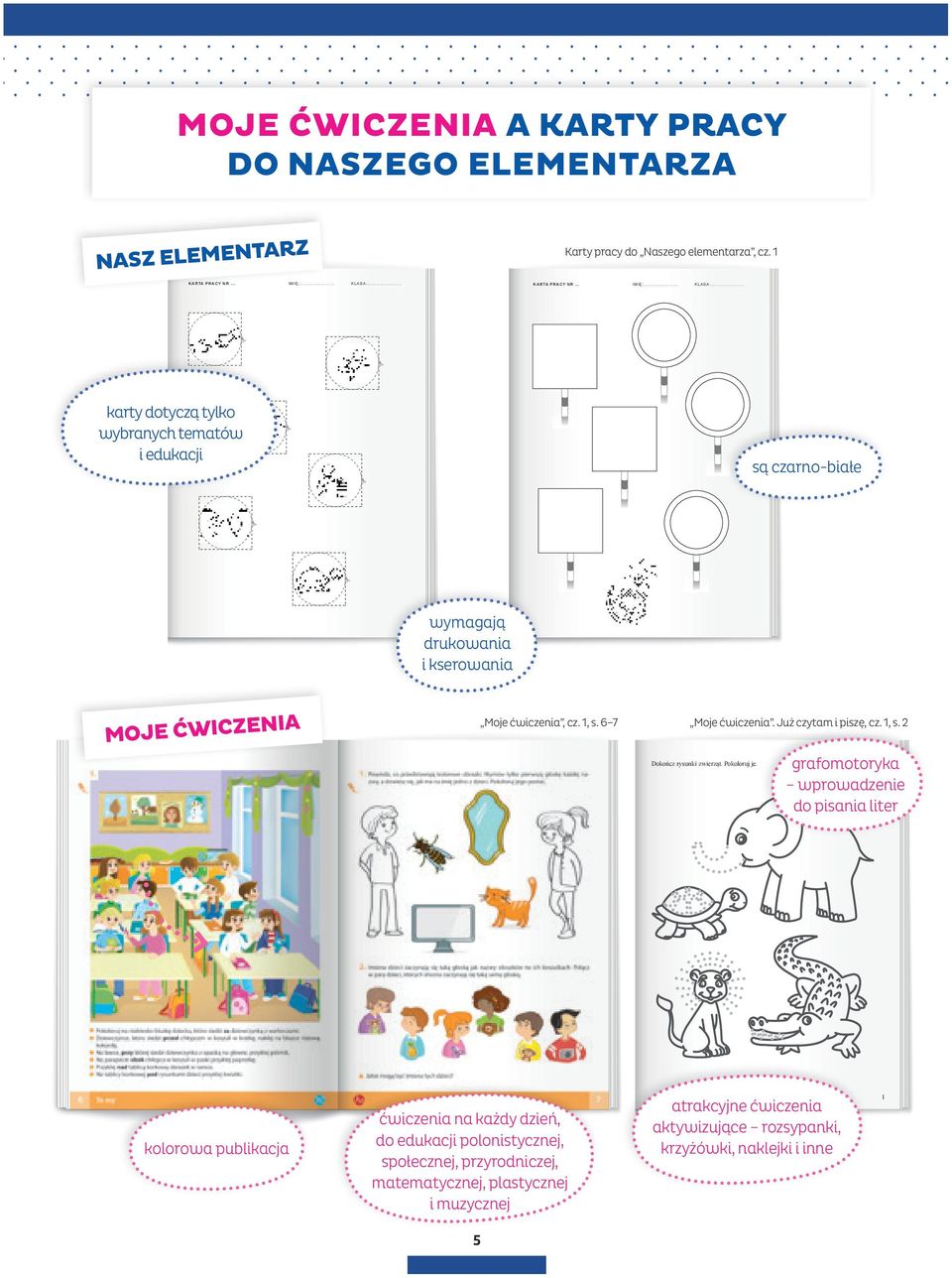 1, s. 6 7 Moje ćwiczenia. Już czytam i piszę, cz. 1, s. 2 Dokończ rysunki zwierząt. Pokoloruj je.