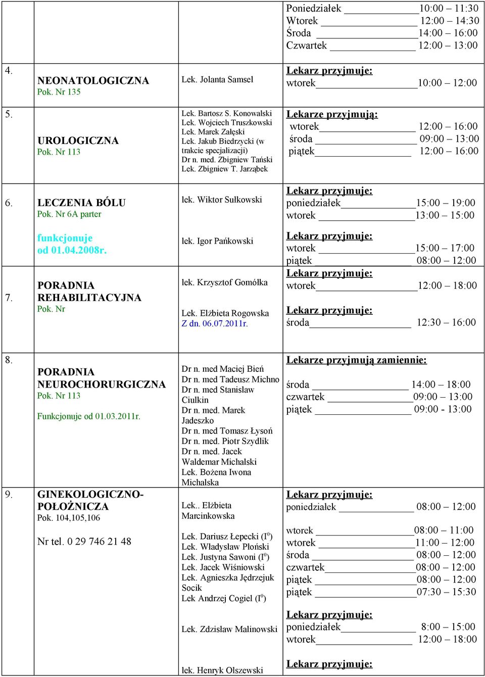 ński Lek. Zbigniew T. Jarząbek Lekarze przyjmują: wtorek 12:00 16:00 środa 09:00 13:00 piątek 12:00 16:00 6. LECZENIA BÓLU Pok. Nr 6A parter lek.