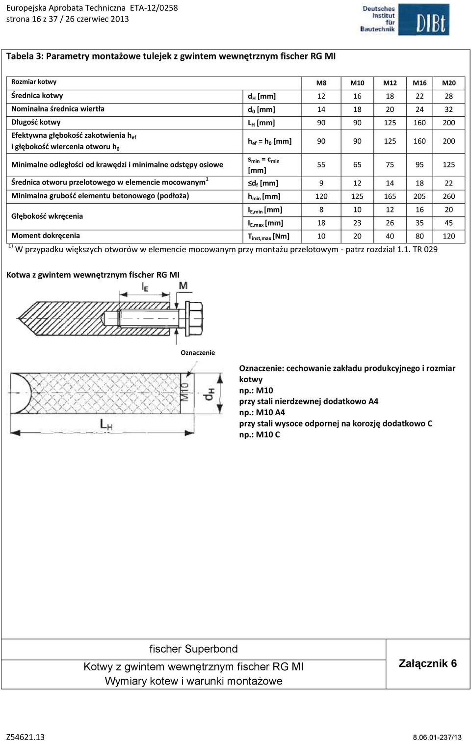 od krawędzi i minimalne odstępy osiowe s min = c min [mm] 55 65 75 95 125 Średnica otworu przelotowego w elemencie mocowanym 1 d f [mm] 9 12 14 18 22 Minimalna grubość elementu betonowego (podłoża) h