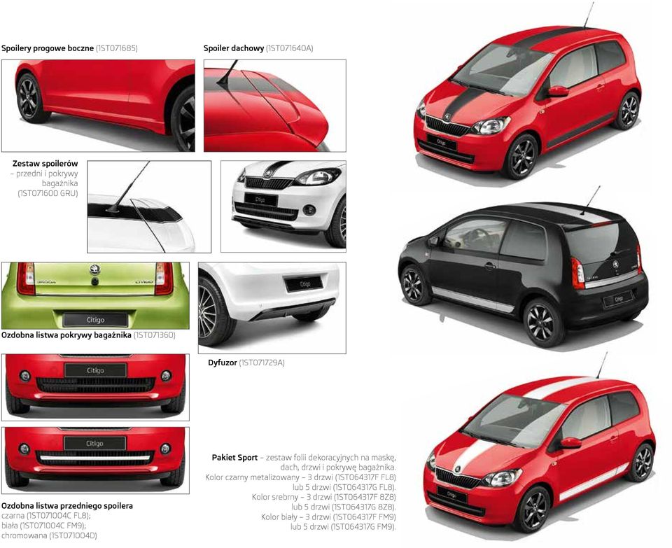 (1ST071004D) Pakiet Sport zestaw folii dekoracyjnych na maskę, dach, drzwi i pokrywę bagażnika.