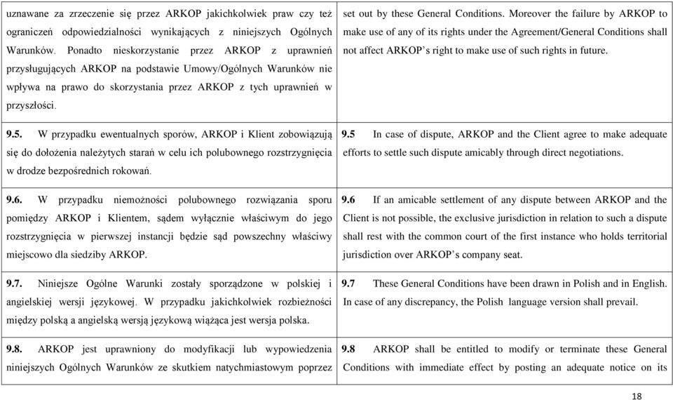 W przypadku ewentualnych sporów, ARKOP i Klient zobowiązują się do dołożenia należytych starań w celu ich polubownego rozstrzygnięcia w drodze bezpośrednich rokowań. 9.6.