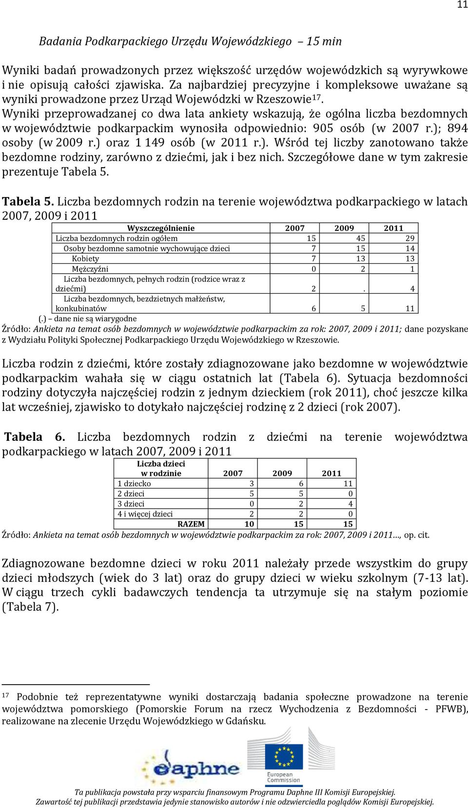 Wyniki przeprowadzanej co dwa lata ankiety wskazują, że ogólna liczba bezdomnych w województwie podkarpackim wynosiła odpowiednio: 905 osób (w 2007 r.); 894 osoby (w 2009 r.