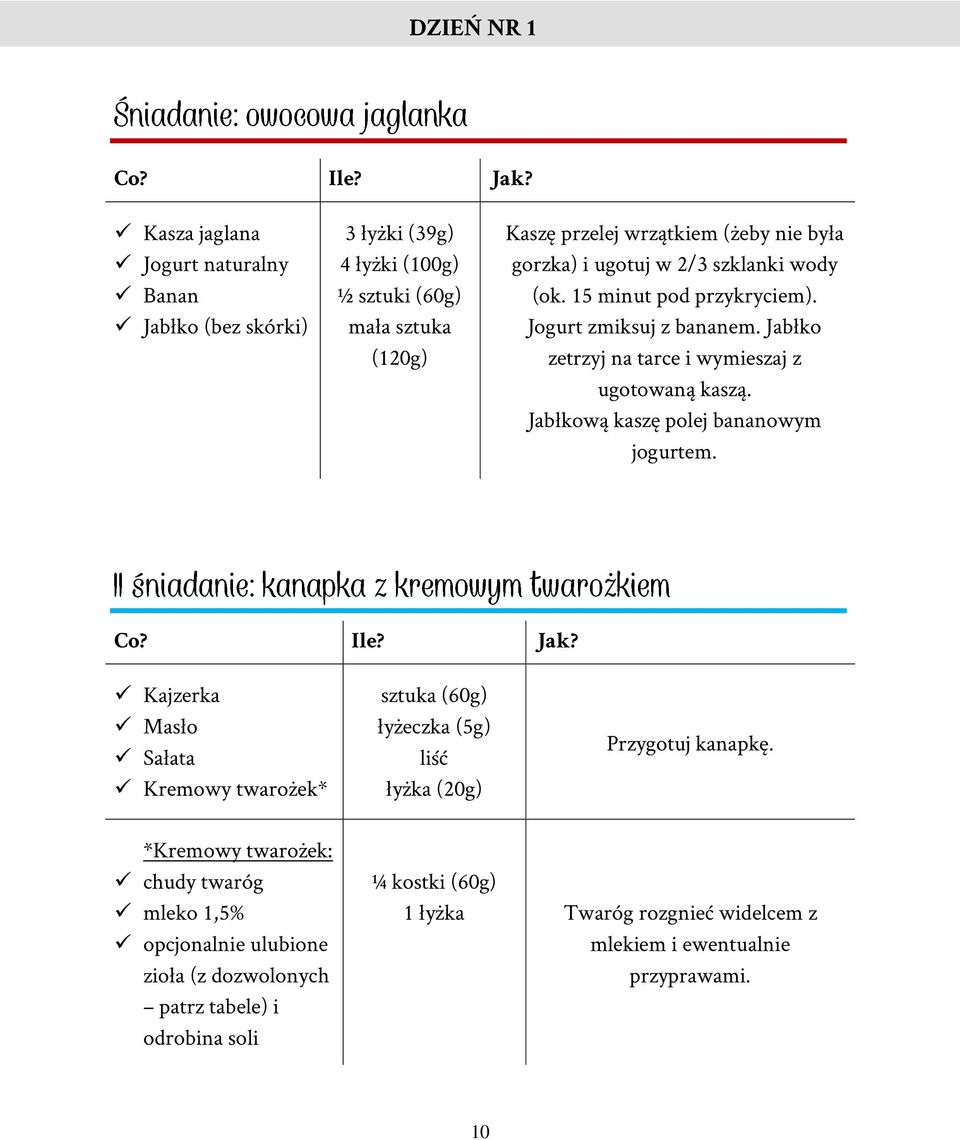 Jabłkową kaszę polej bananowym jogurtem. Kajzerka Masło Sałata Kremowy twarożek* sztuka (60g) łyżeczka (5g) liść łyżka (20g) Przygotuj kanapkę.