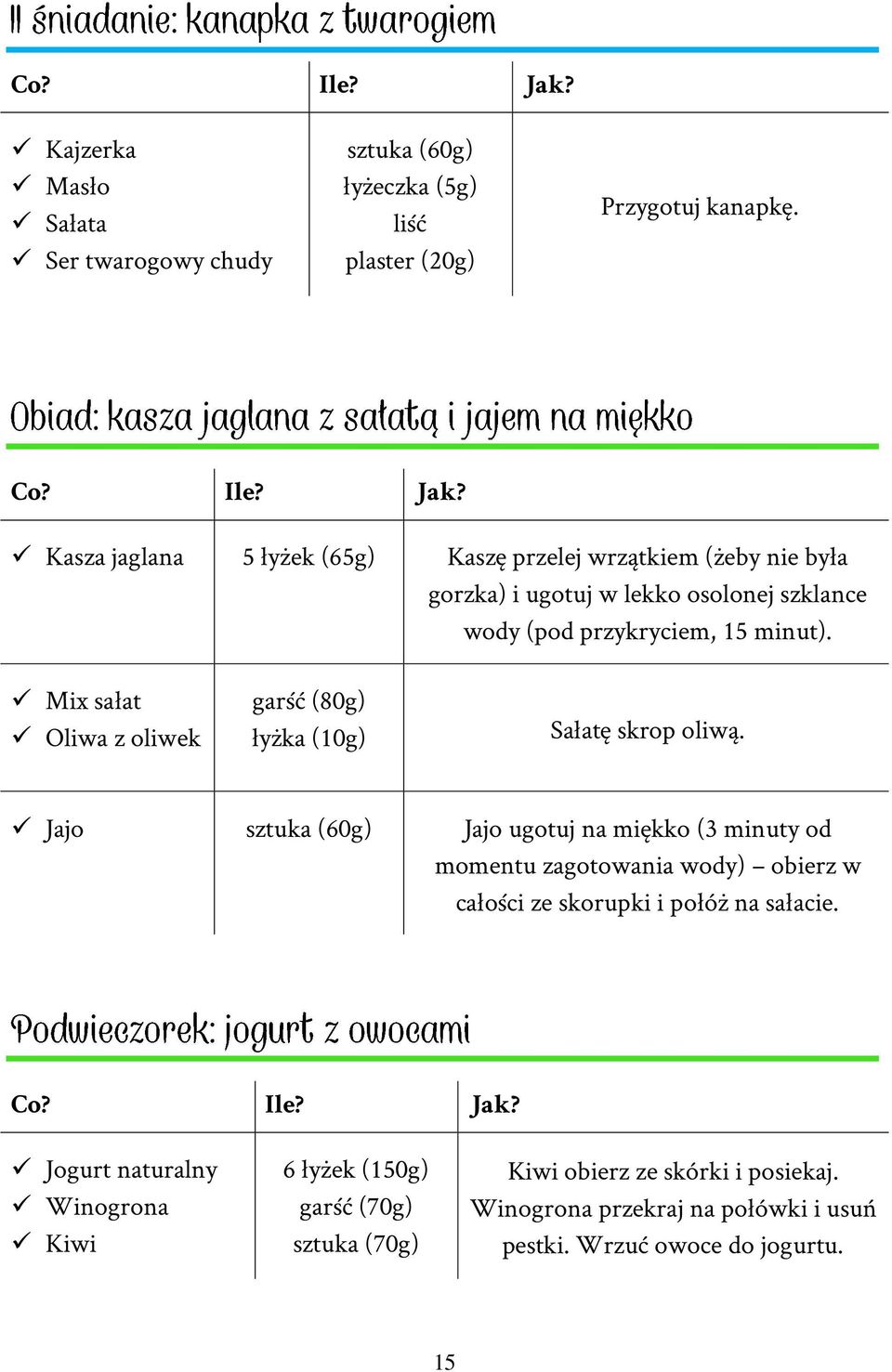 Mix sałat Oliwa z oliwek garść (80g) łyżka (10g) Sałatę skrop oliwą.