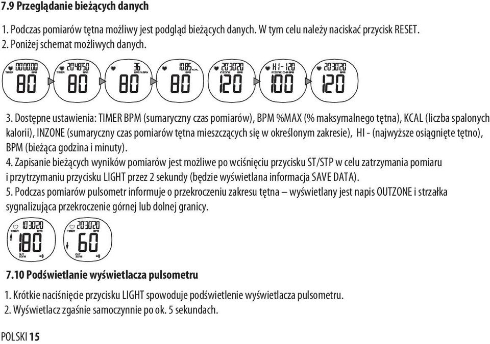 zakresie), HI - (najwyższe osiągnięte tętno), BPM (bieżąca godzina i minuty). 4.