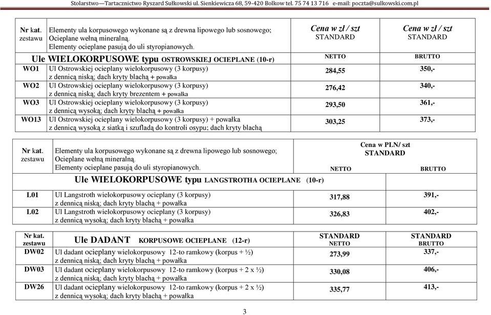 powałka Ul Ostrowskiej ocieplany wielokorpusowy (3 korpusy) Ul Ostrowskiej ocieplany wielokorpusowy (3 korpusy) + powałka Cena w zł / szt Cena w zł / szt 284,55 350,- 276,42 340,- 293,50 361,- 303,25