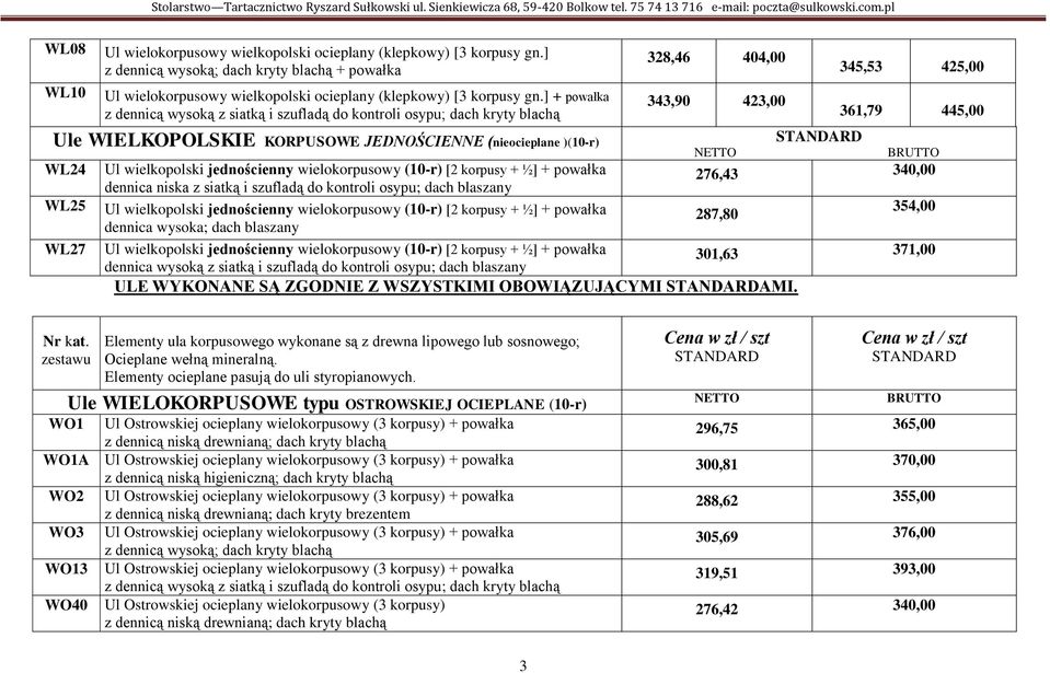 korpusy + ½] + powałka 276,43 340,00 dennica niska z siatką i szufladą do kontroli osypu; dach blaszany Ul wielkopolski jednościenny wielokorpusowy (10-r) [2 korpusy + ½] + powałka 354,00 287,80