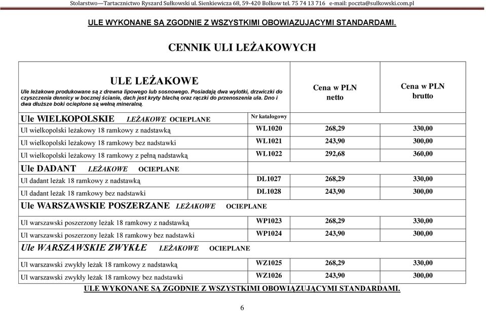 Ule WIELKOPOLSKIE 6 Nr katalogowy Cena w PLN netto Cena w PLN brutto LEŻAKOWE OCIEPLANE Ul wielkopolski leżakowy 18 ramkowy z nadstawką WL1020 268,29 330,00 Ul wielkopolski leżakowy 18 ramkowy bez